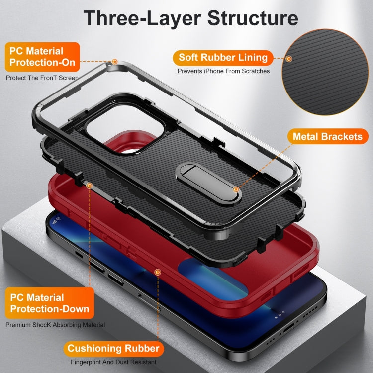 For iPhone 14 Pro Max 3 in 1 Rugged Holder Phone Case (Red + Black)