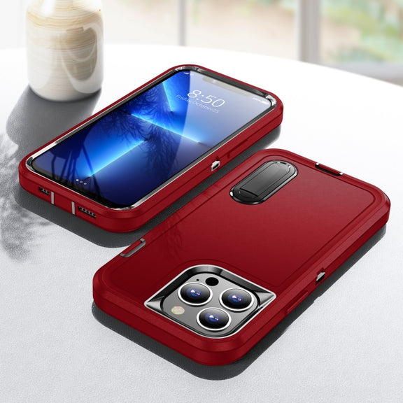For iPhone 14 Pro Max 3 in 1 Rugged Holder Phone Case (Red + Black)