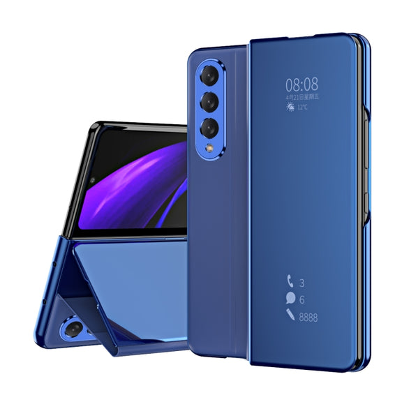 For Samsung Galaxy Z Fold3 Accurate Hole Horizontal Flip Mirror Shockproof Phone Case(Blue)
