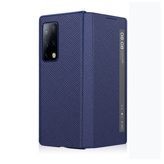 For Huawei Mate X2 Cross Texture Horizontal Flip Leather Phone Case with Smart Touch Call Display ID(Dark Blue)