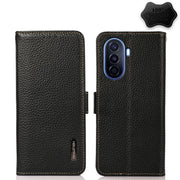 For Huawei nova Y70 Plus KHAZNEH Side-Magnetic Litchi Genuine Leather RFID Phone Case(Black)