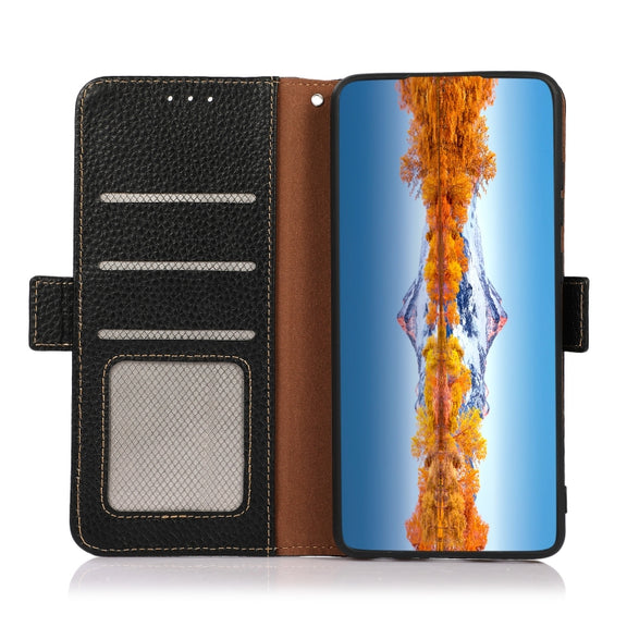 For Huawei nova Y70 Plus KHAZNEH Side-Magnetic Litchi Genuine Leather RFID Phone Case(Black)