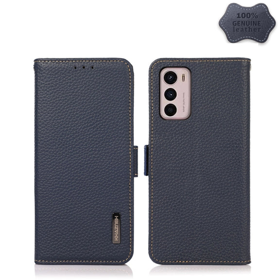 For Motorola Moto G42 KHAZNEH Side-Magnetic Litchi Genuine Leather RFID Phone Case(Blue)