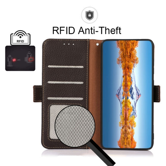 For Motorola Moto G42 KHAZNEH Side-Magnetic Litchi Genuine Leather RFID Phone Case(Brown)