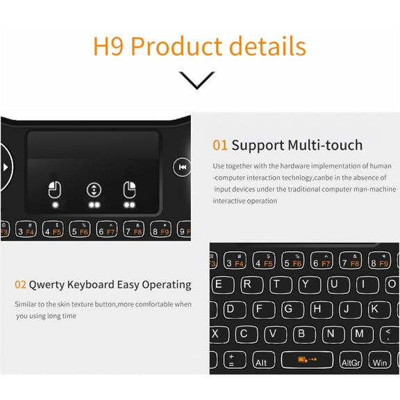H9 2.4GHz Mini Wireless Air Mouse QWERTY Keyboard with White Backlight & Touchpad for PC, TV(Black)
