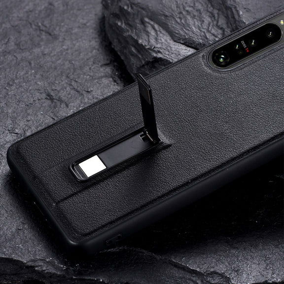 For Sony Xperia 1 III PC + Leather Texture Protective Phone Case with Metal Holder(Black)