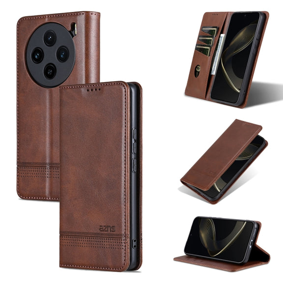 For vivo X100 AZNS Magnetic Calf Texture Leather Phone Case(Dark Brown)