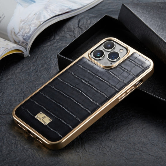 For iPhone 13 Pro Max Fierre Shann Crocodile Texture Electroplating PU Phone Case (Black)