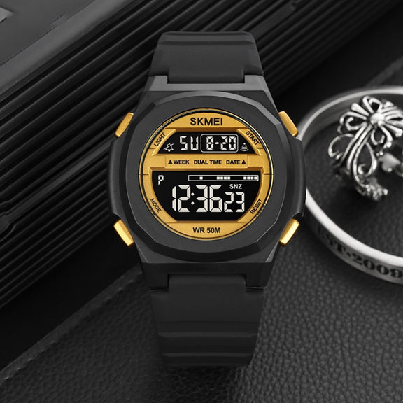 SKMEI 1821 Stainless Steel Buckle Silicone Strap Electronic Watch(Black Gold)