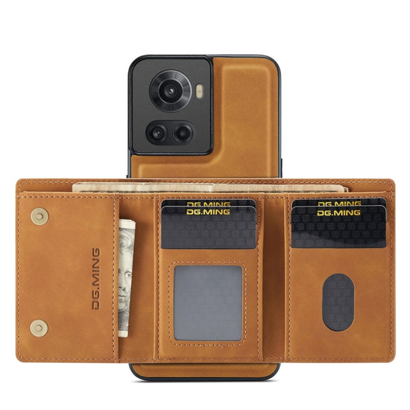 For OnePlus Ace/10R DG.MING M1 Series 3-Fold Multi Card Wallet + Magnetic Phone Case(Brown)