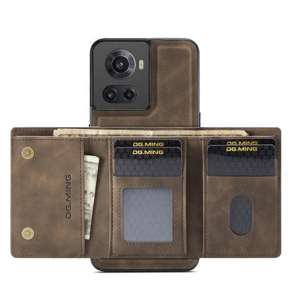 For OnePlus Ace/10R DG.MING M1 Series 3-Fold Multi Card Wallet + Magnetic Phone Case(Coffee)