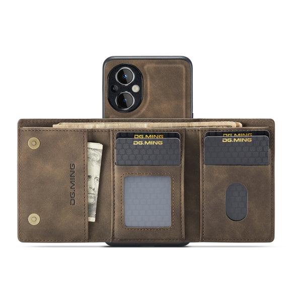 For OnePlus Nord N20 5G DG.MING M1 Series 3-Fold Multi Card Wallet + Magnetic Phone Case(Coffee)