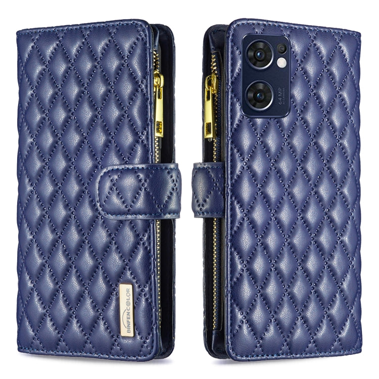 For OPPO Find X5 Lite / Reno7 5G Diamond Lattice Zipper Wallet Leather Flip Phone Case(Blue)