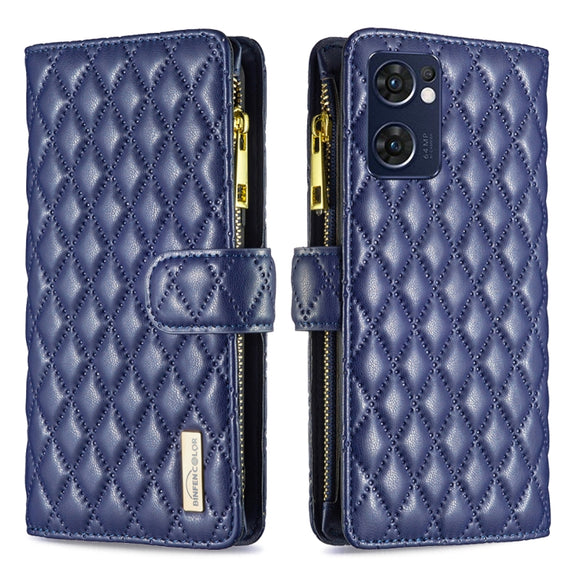 For OPPO Find X5 Lite / Reno7 5G Diamond Lattice Zipper Wallet Leather Flip Phone Case(Blue)