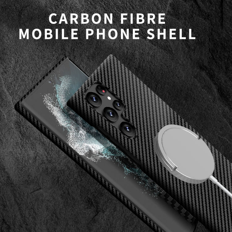 For Samsung Galaxy S22 5G Carbon Fiber Texture MagSafe Magnetic Phone Case(Black Silver)