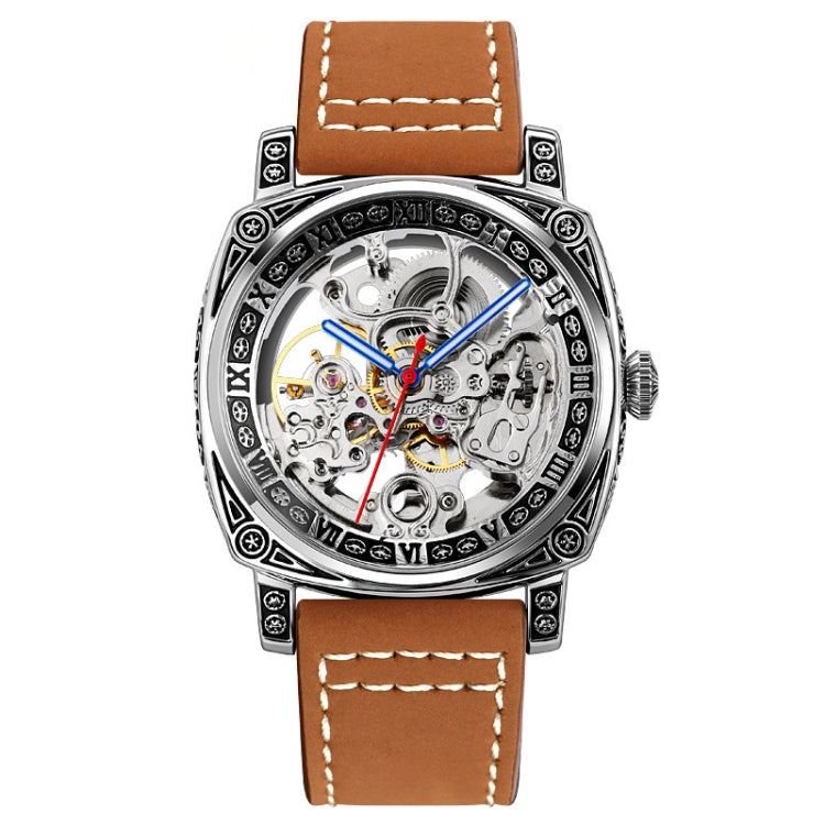 SKMEI 9271 Stainless Steel Buckle Leather Strap Water-resistant Mechanical Watch(Brown)