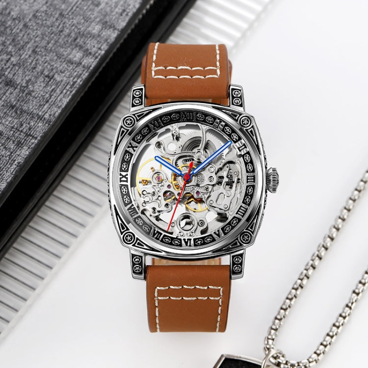 SKMEI 9271 Stainless Steel Buckle Leather Strap Water-resistant Mechanical Watch(Brown)