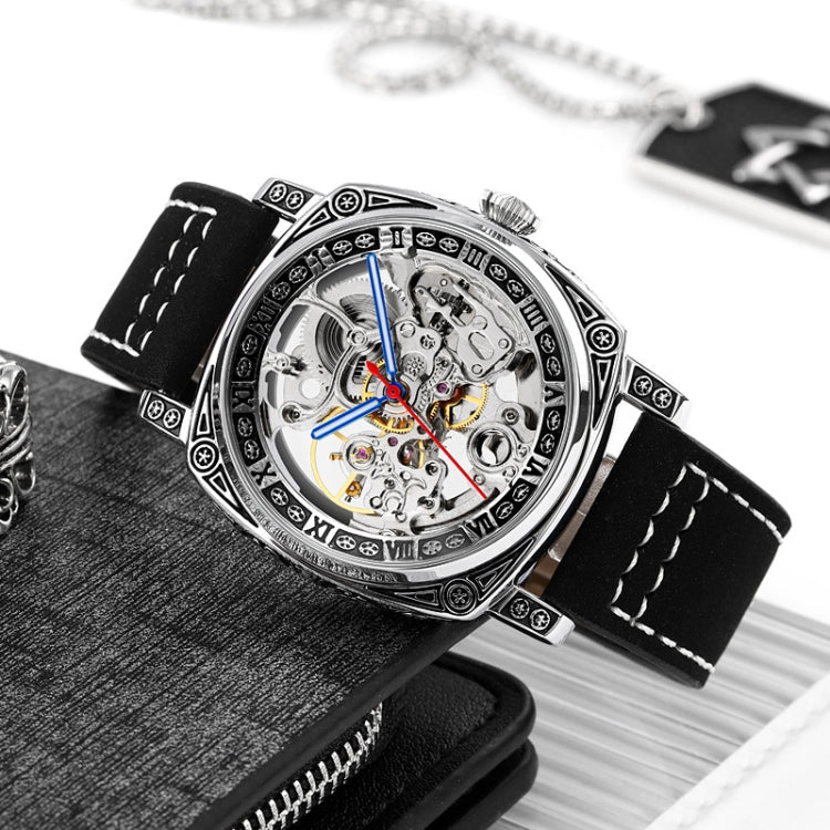 SKMEI 9271 Stainless Steel Buckle Leather Strap Water-resistant Mechanical Watch(Black)