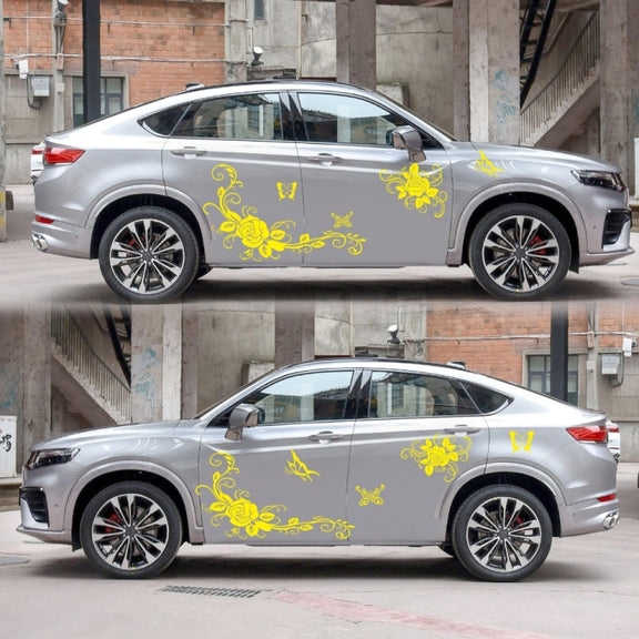 2 PCS/Set D-72 Butterfly Love Flower Pattern Car Modified Decorative Sticker(Yellow)