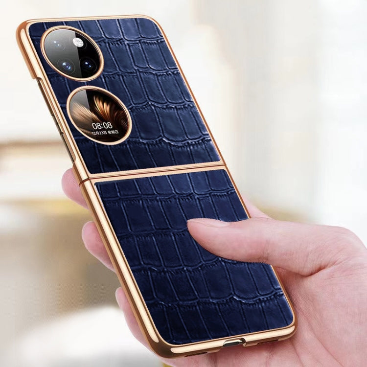 For Huawei P50 Pocket Genuine Leather Crocodile Texture Folding Phone Case(Blue)