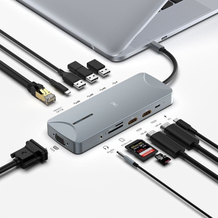 V240 12-in-1 Multifunctional USB-C / Type-C 3.1 Male HUB Docking Station(Gery)