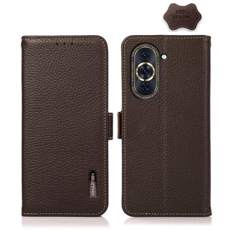 For Huawei Nova 10 KHAZNEH Side-Magnetic Litchi Genuine Leather RFID Phone Case(Brown)