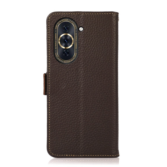 For Huawei Nova 10 KHAZNEH Side-Magnetic Litchi Genuine Leather RFID Phone Case(Brown)