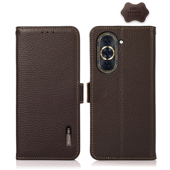 For Huawei Nova 10 KHAZNEH Side-Magnetic Litchi Genuine Leather RFID Phone Case(Brown)