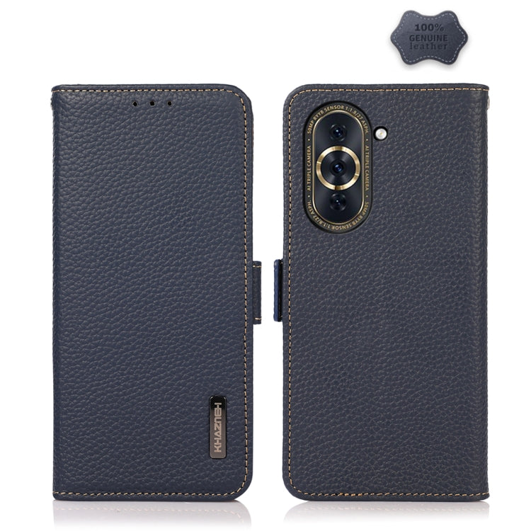 For Huawei Nova 10 KHAZNEH Side-Magnetic Litchi Genuine Leather RFID Phone Case(Blue)