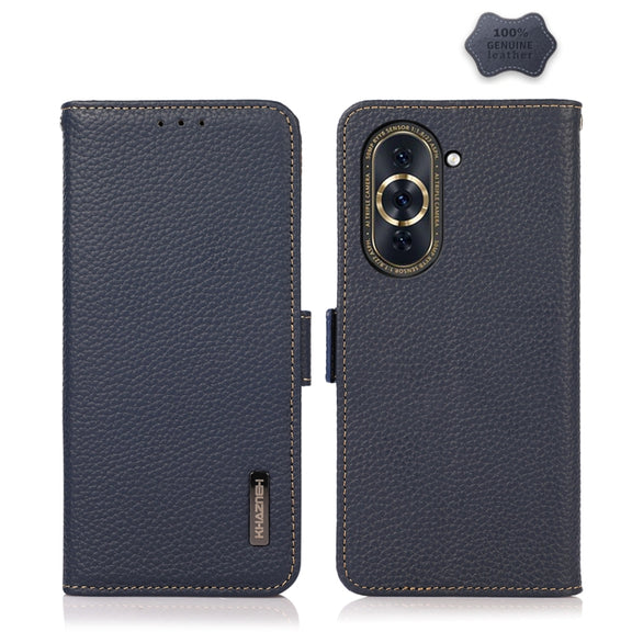 For Huawei Nova 10 KHAZNEH Side-Magnetic Litchi Genuine Leather RFID Phone Case(Blue)