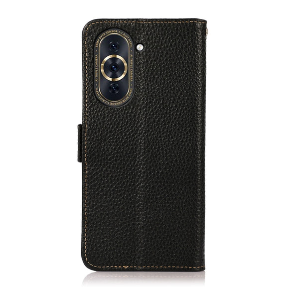 For Huawei Nova 10 KHAZNEH Side-Magnetic Litchi Genuine Leather RFID Phone Case(Black)
