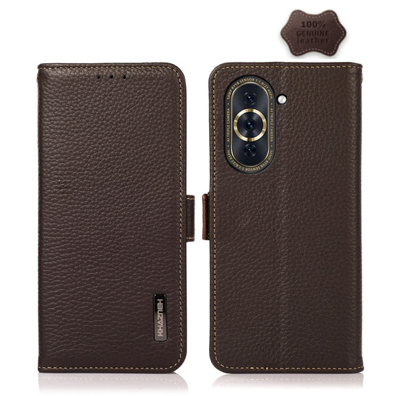 For Huawei Nova 10 Pro KHAZNEH Side-Magnetic Litchi Genuine Leather RFID Phone Case(Brown)