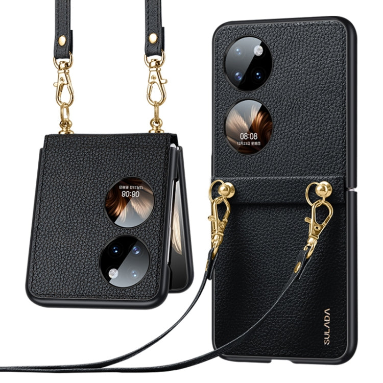For Huawei P50 Pocket SULADA Litchi Texture Leather + TPU Phone Case with Strap(Black)