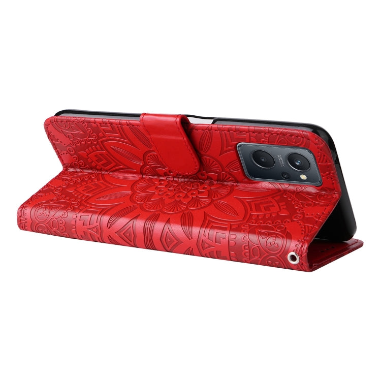 For OPPO Realme 9i / A36 4G / A76 4G Embossed Sunflower Leather Phone Case(Red)