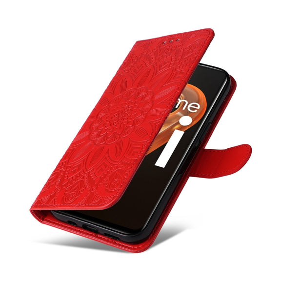 For OPPO Realme 9i / A36 4G / A76 4G Embossed Sunflower Leather Phone Case(Red)