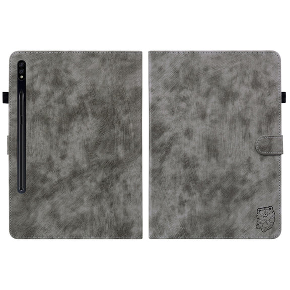 For Samsung Galaxy Tab S9 Tiger Pattern Flip Leather Tablet Case(Grey)