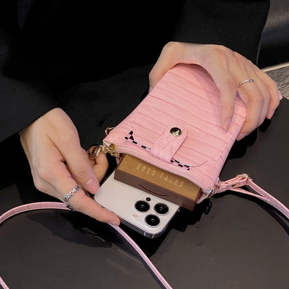 Stone Texture Card Holder Mobile Phone Zipper Bag with Long Strap(Pink)