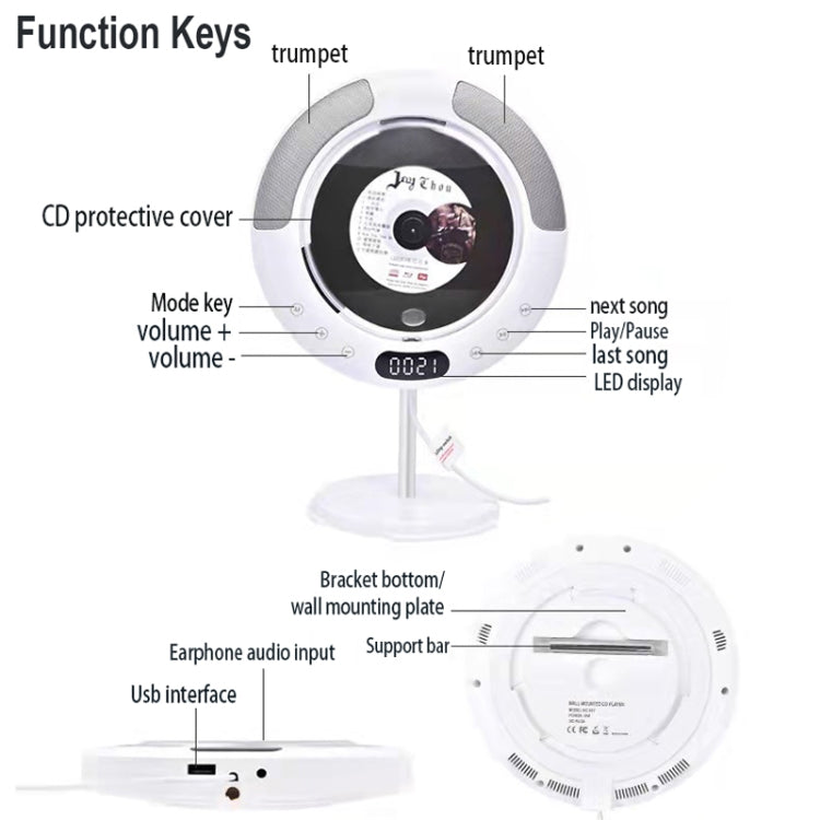 Kecag KC-607 Wall Mounted Bluetooth Compact Disc Album CD Player(White)