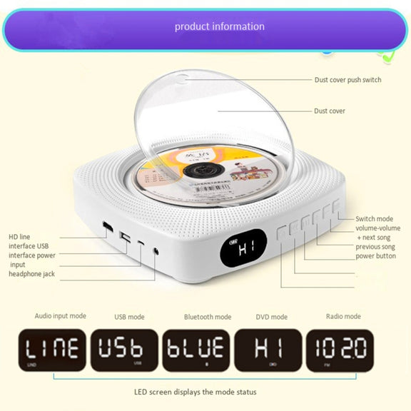 Kecag KC-609 Wall Mounted Home DVD Player Bluetooth CD Player, Specification:DVD/CD+Connectable TV  + Plug-In Version(White)