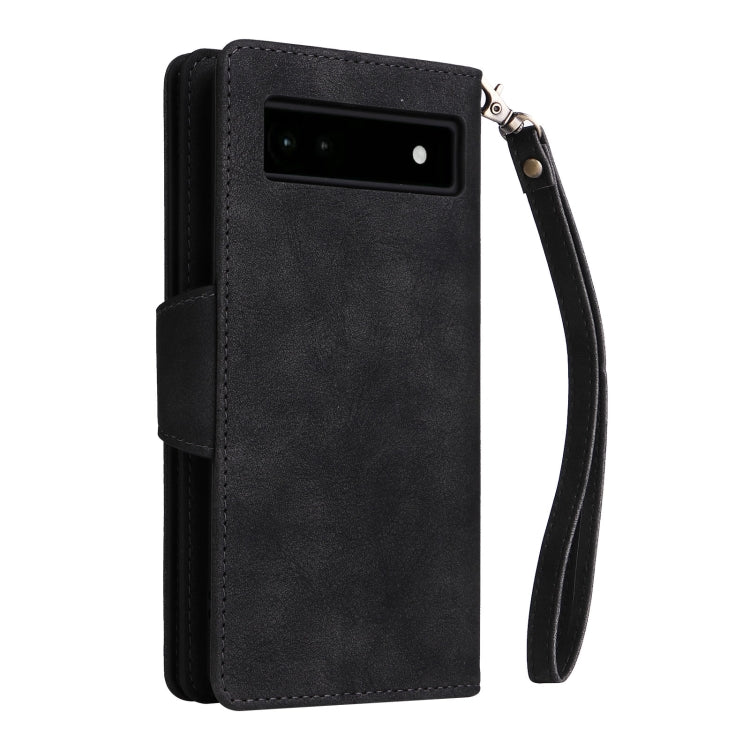 For Google Pixel 6a Rivet Buckle 9 Cards Three Fold Leather Phone Case(Black)