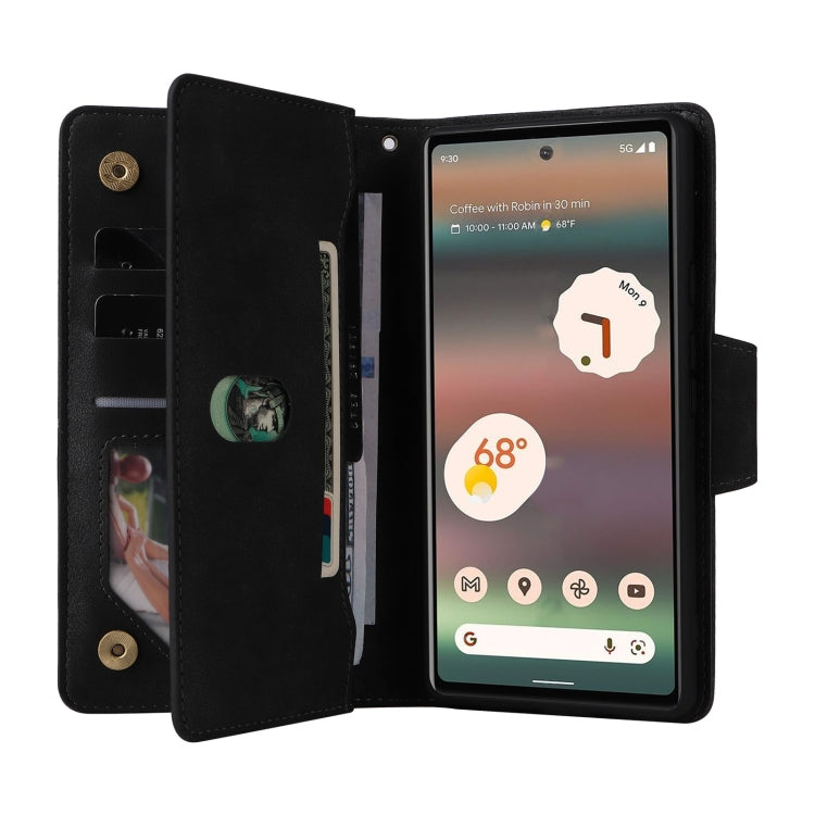 For Google Pixel 6a Rivet Buckle 9 Cards Three Fold Leather Phone Case(Black)