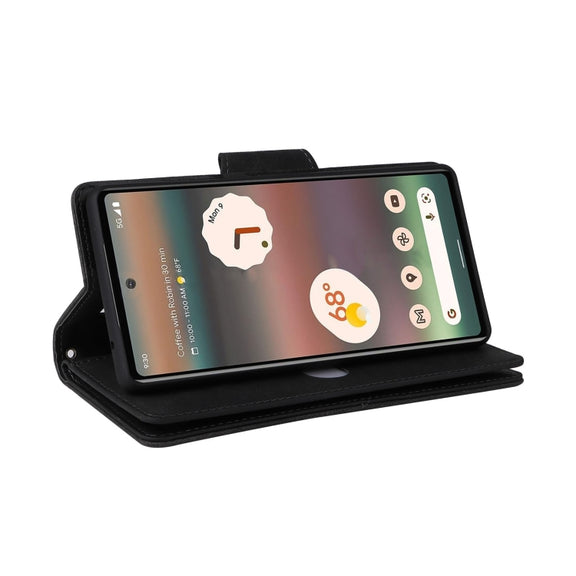 For Google Pixel 6a Rivet Buckle 9 Cards Three Fold Leather Phone Case(Black)