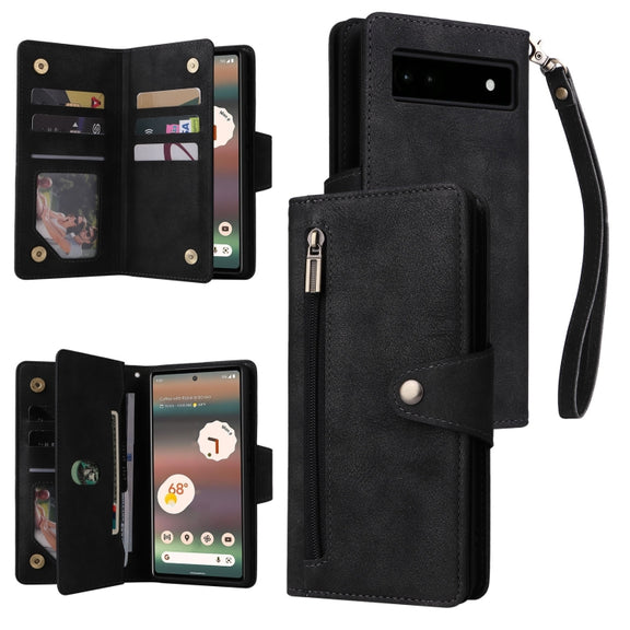 For Google Pixel 6a Rivet Buckle 9 Cards Three Fold Leather Phone Case(Black)