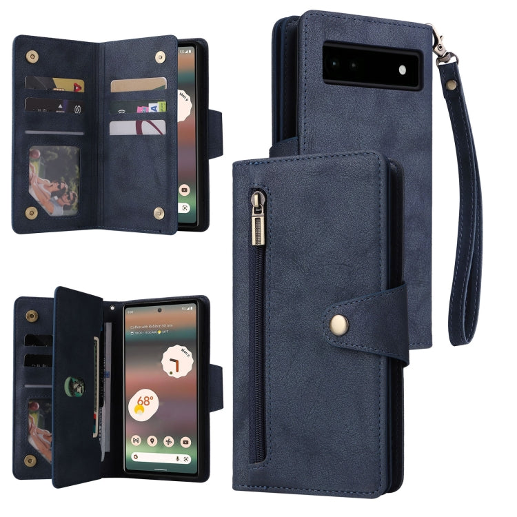 For Google Pixel 6a Rivet Buckle 9 Cards Three Fold Leather Phone Case(Blue)