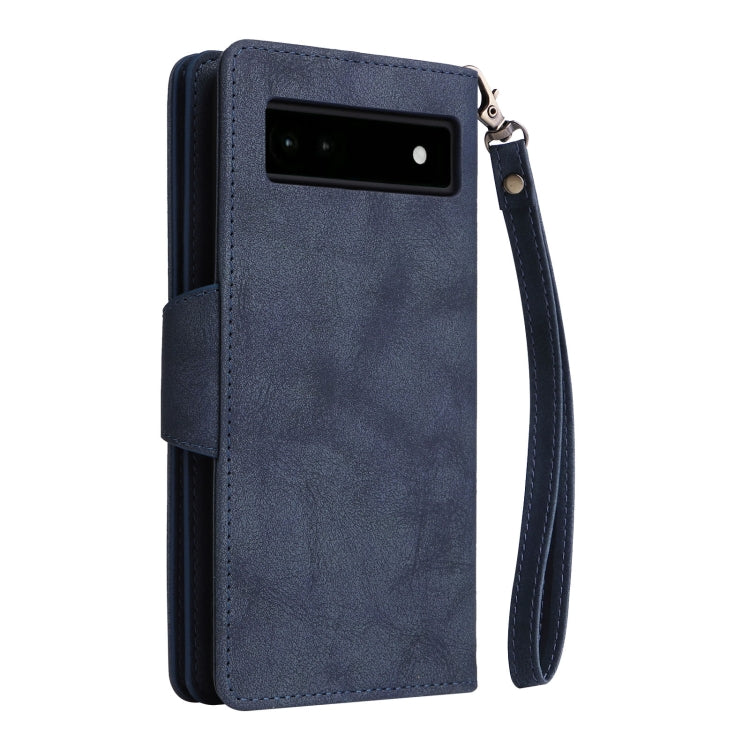For Google Pixel 6a Rivet Buckle 9 Cards Three Fold Leather Phone Case(Blue)