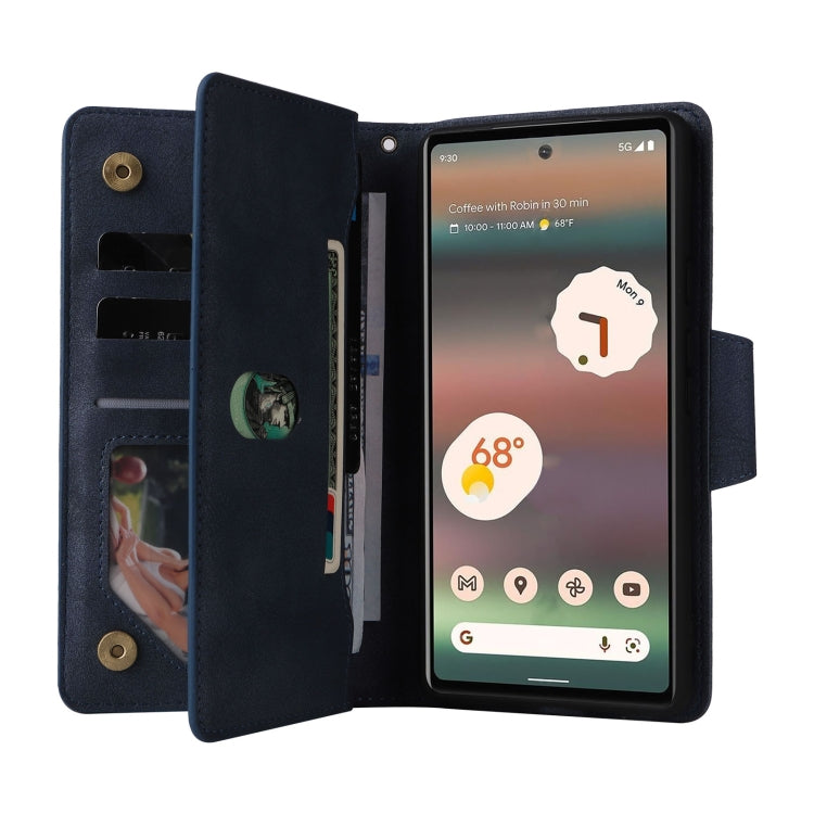 For Google Pixel 6a Rivet Buckle 9 Cards Three Fold Leather Phone Case(Blue)