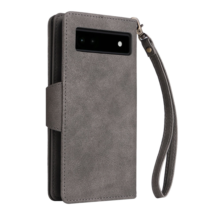 For Google Pixel 6a Rivet Buckle 9 Cards Three Fold Leather Phone Case(Grey)