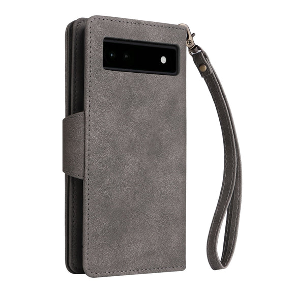 For Google Pixel 6a Rivet Buckle 9 Cards Three Fold Leather Phone Case(Grey)