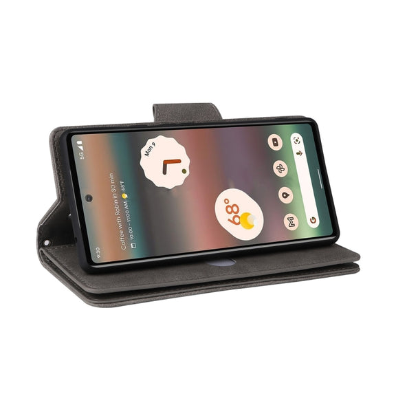 For Google Pixel 6a Rivet Buckle 9 Cards Three Fold Leather Phone Case(Grey)