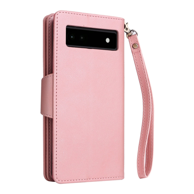 For Google Pixel 6a Rivet Buckle 9 Cards Three Fold Leather Phone Case(Rose Gold)
